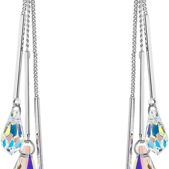 Jewelry - Women Crystal Earrings Aurora Borealis Long Platinum Plated Elegant Gift